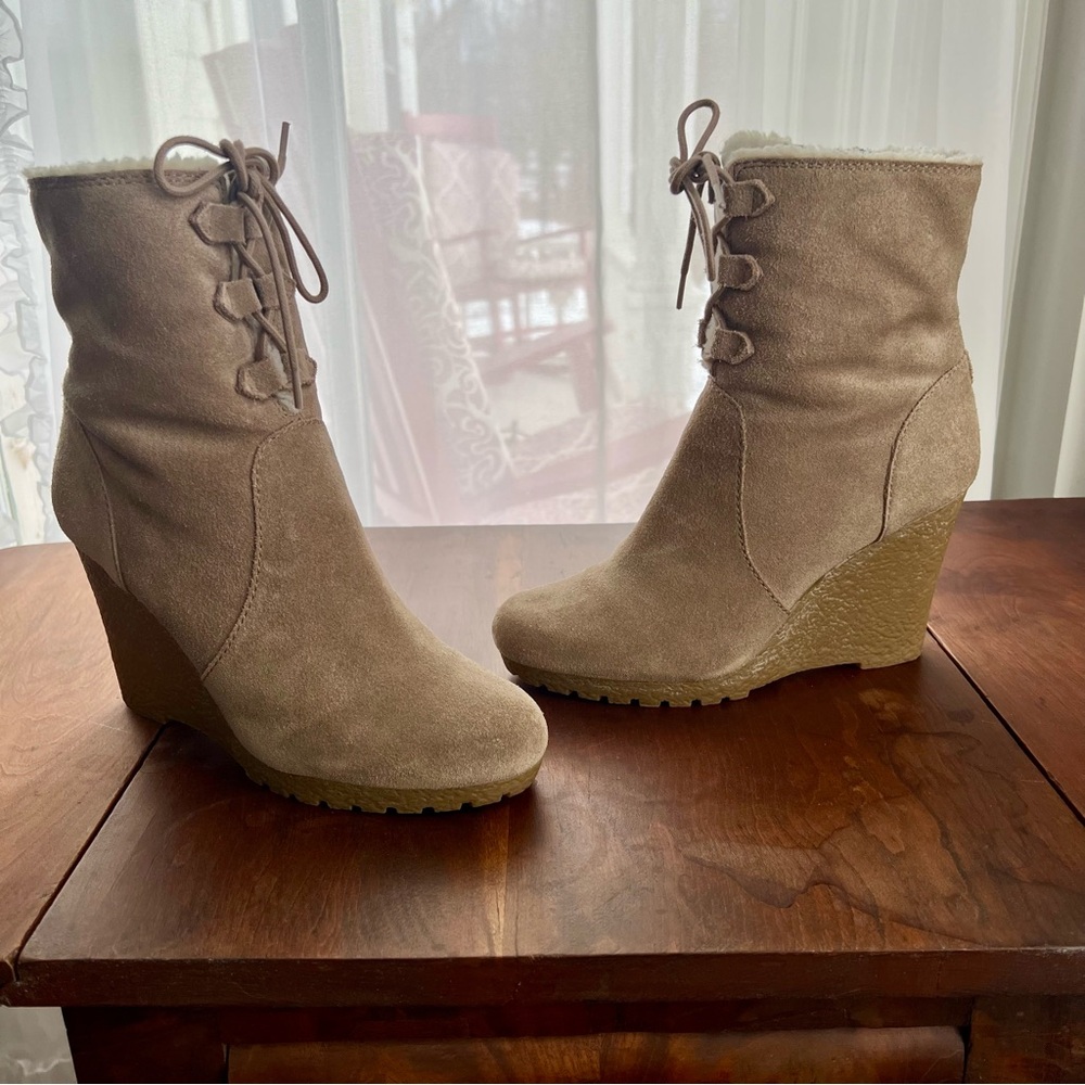 Michael Kors Suede Lace-Up Wedge Boots in Taupe